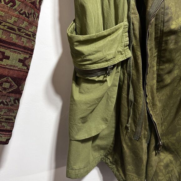 Free People Mixed Media Tapestry Hooded Parka Jacket Size S in Army Green - Picture 8 of 14